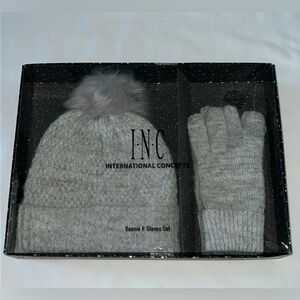 INC Gray silver shimmer beanie with Pom Pom and glove set New With Tags